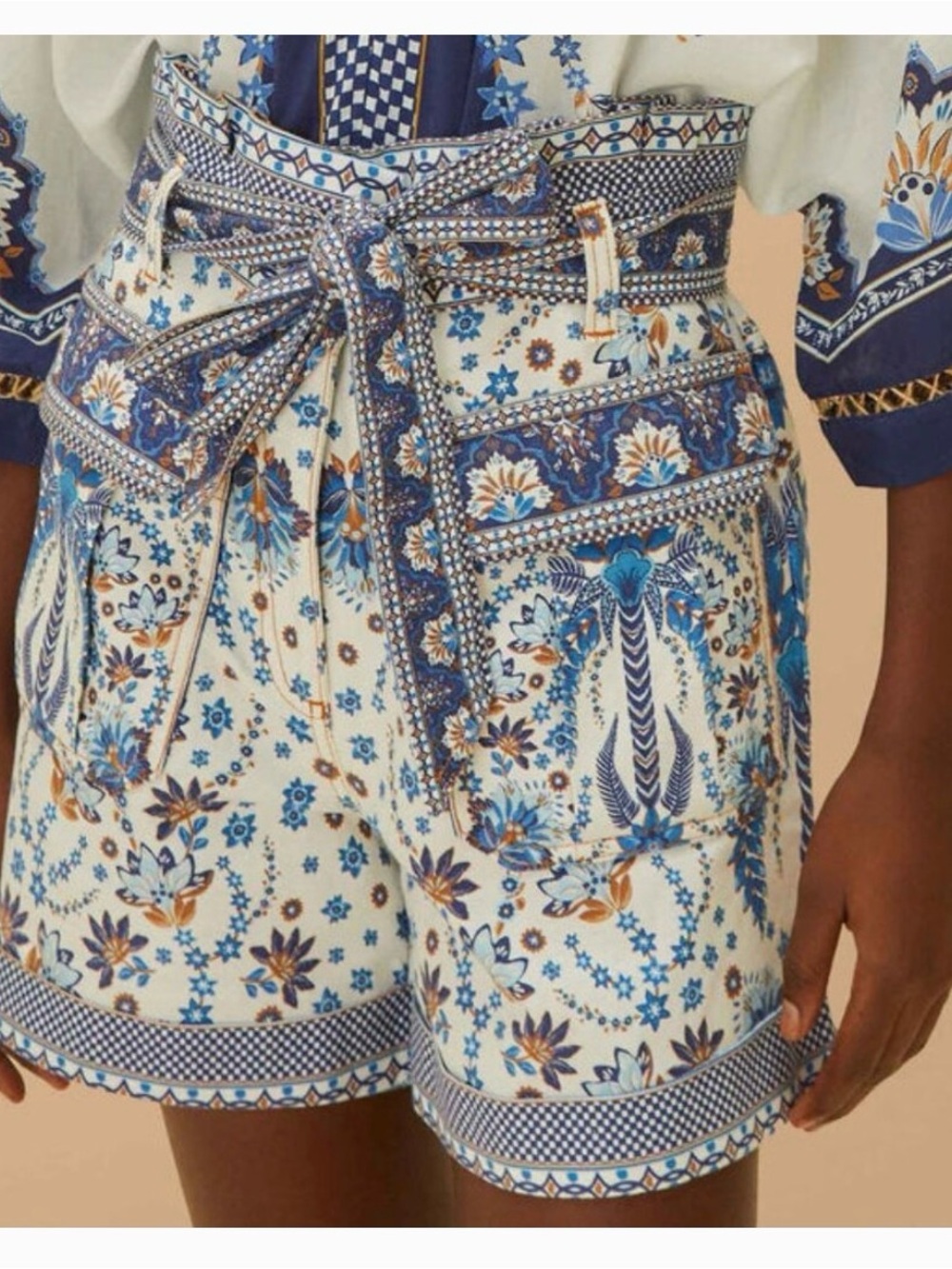 FARM Rio High-Waist Floral Tie-Belt Shorts in Cream and Blue